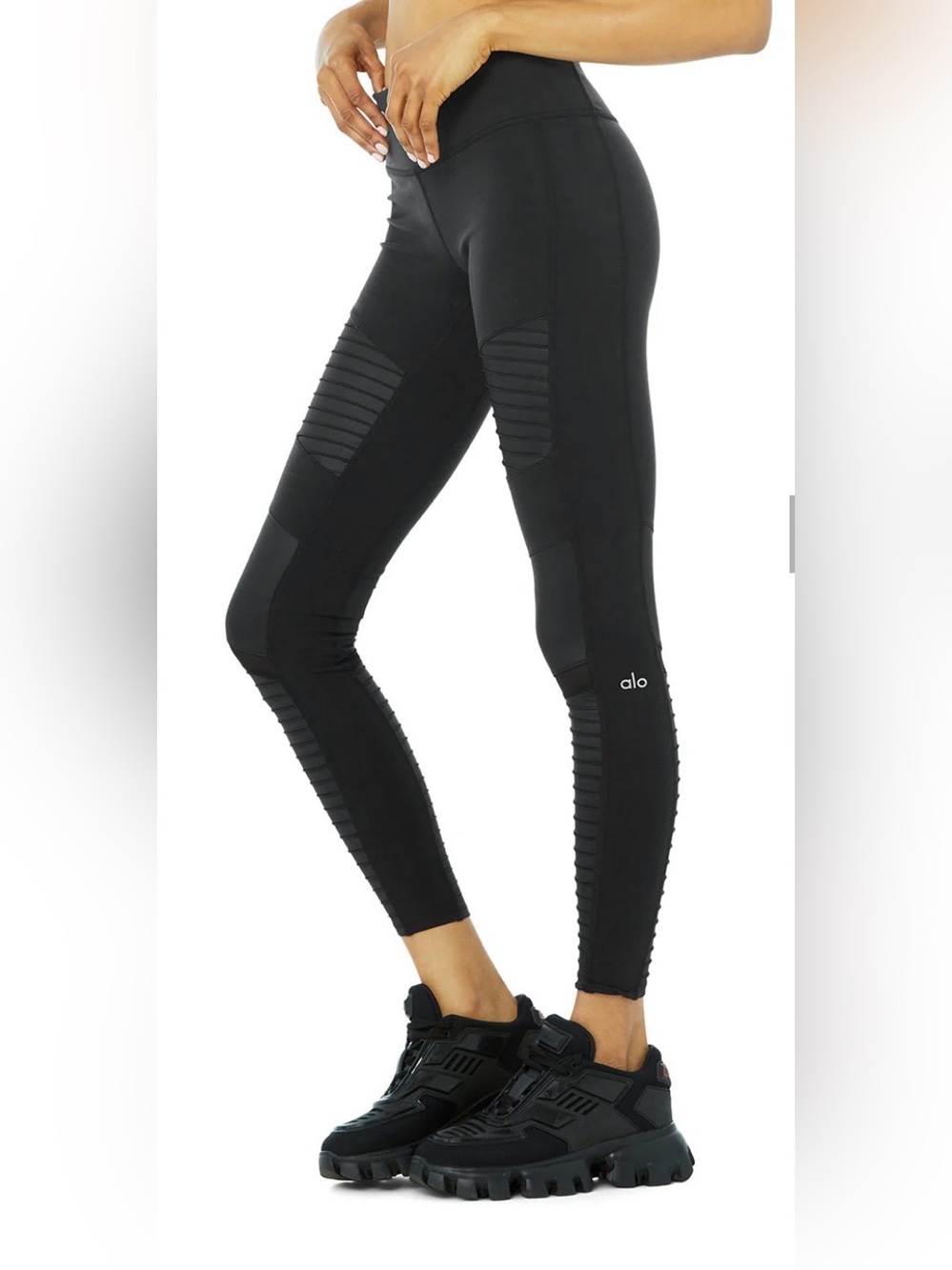 ALO Yoga Moto-Panel Black Jeggings with Ribbed Accents